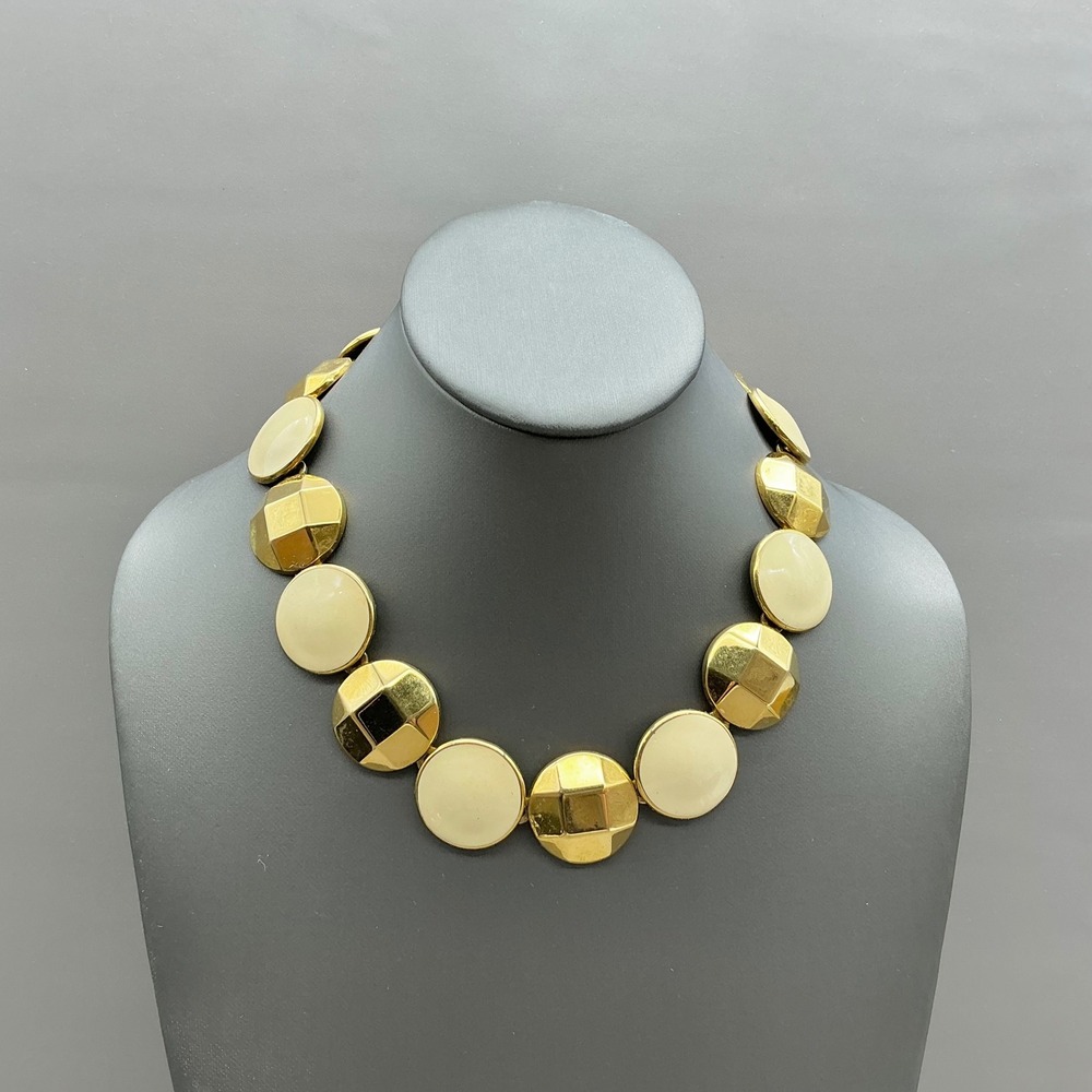 Vintage Monet Necklace Cream Enamel Gold Tone Chunky Disc Statement Collar 18"